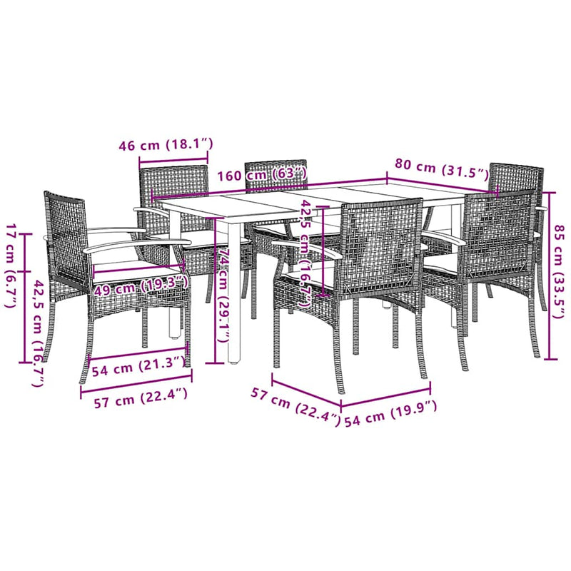 Set mobilier de grădină cu perne, 7 piese, gri, poliratan