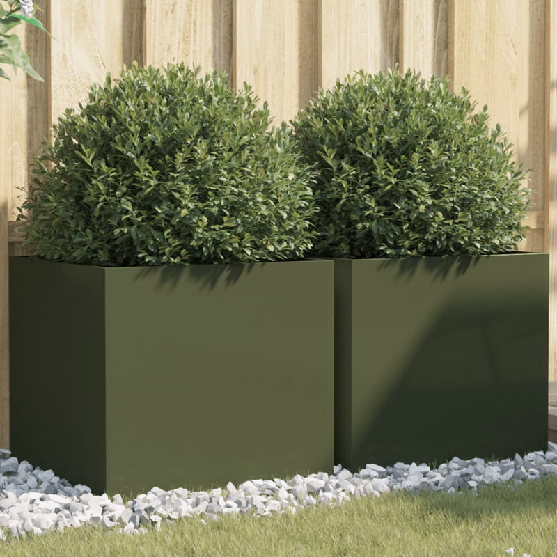 Jardiniere, 2 buc., verde măsliniu, 49x47x46 cm, oțel