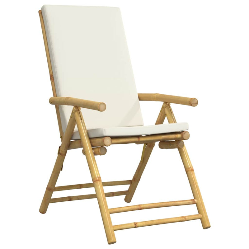 Set de bistro pliabil, 3 piese, cu perne alb crem, bambus