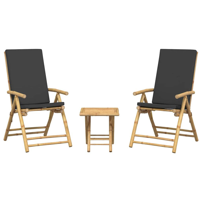 Set de bistro pliabil, 3 piese, cu perne gri închis, bambus