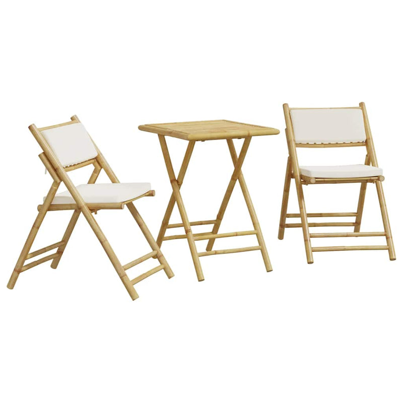 Set de bistro pliabil, 3 piese, cu perne alb crem, bambus