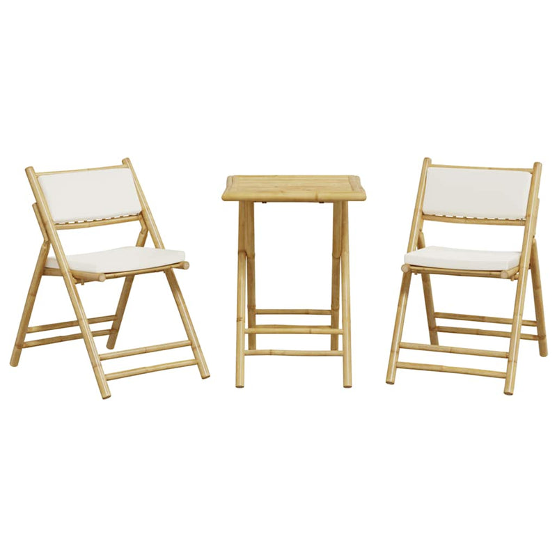 Set de bistro pliabil, 3 piese, cu perne alb crem, bambus