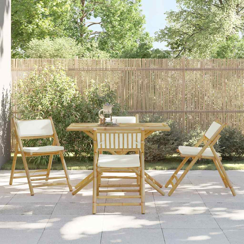 Set de bistro pliabil, 5 piese, cu perne alb crem, bambus