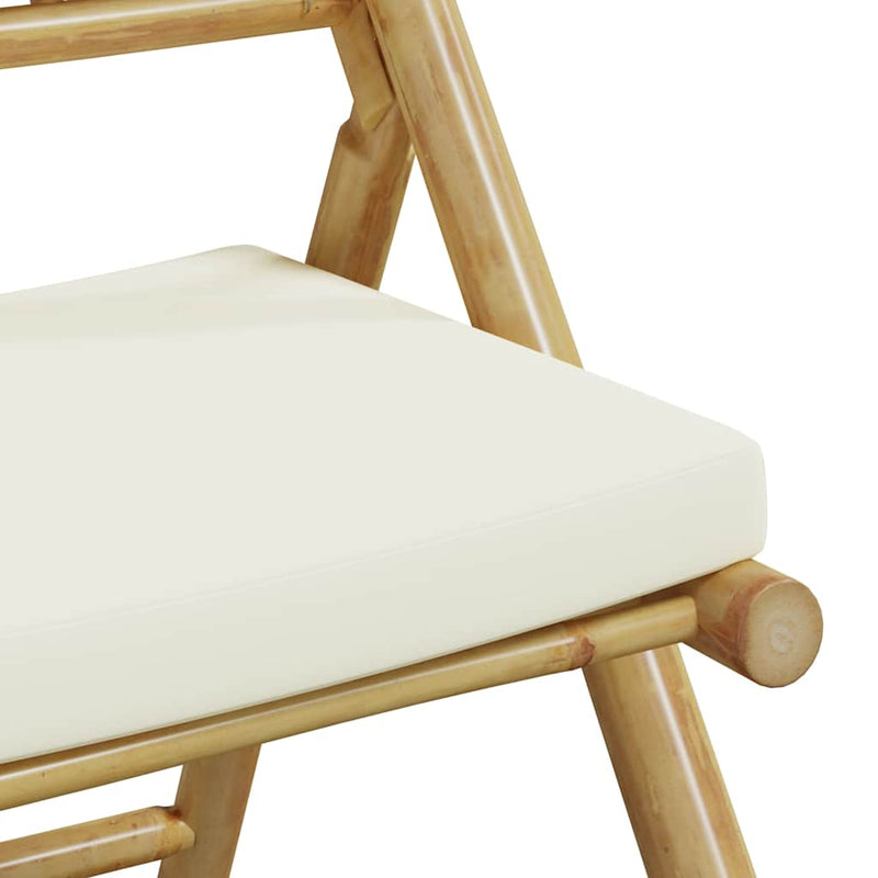 Set de bistro pliabil, 5 piese, cu perne alb crem, bambus