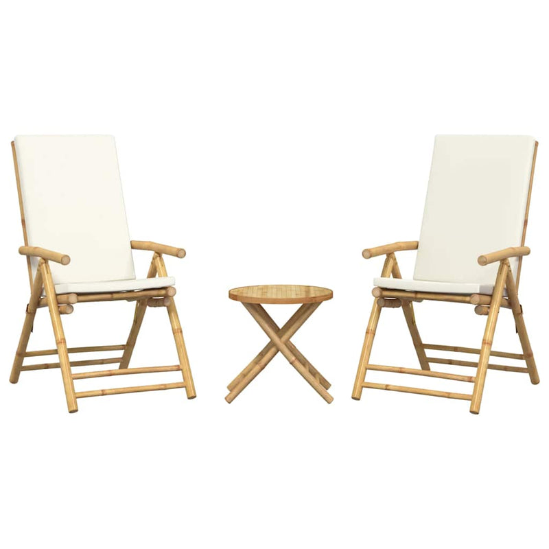 Set de bistro pliabil, 3 piese, cu perne alb crem, bambus