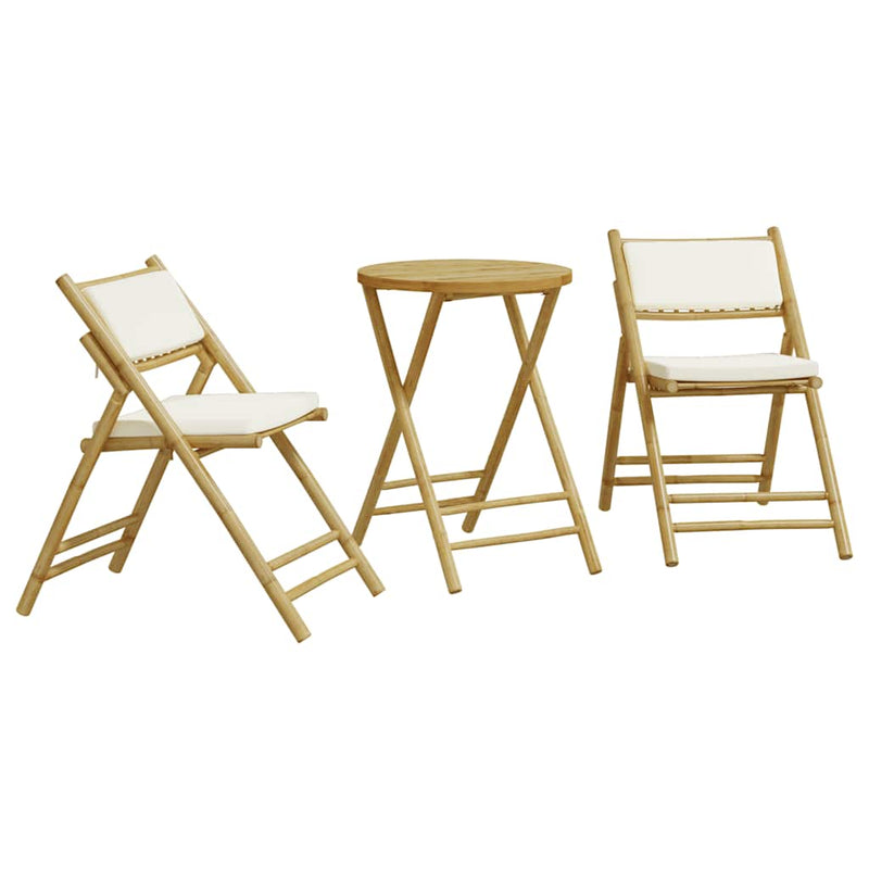 Set de bistro pliabil, 3 piese, cu perne alb crem, bambus