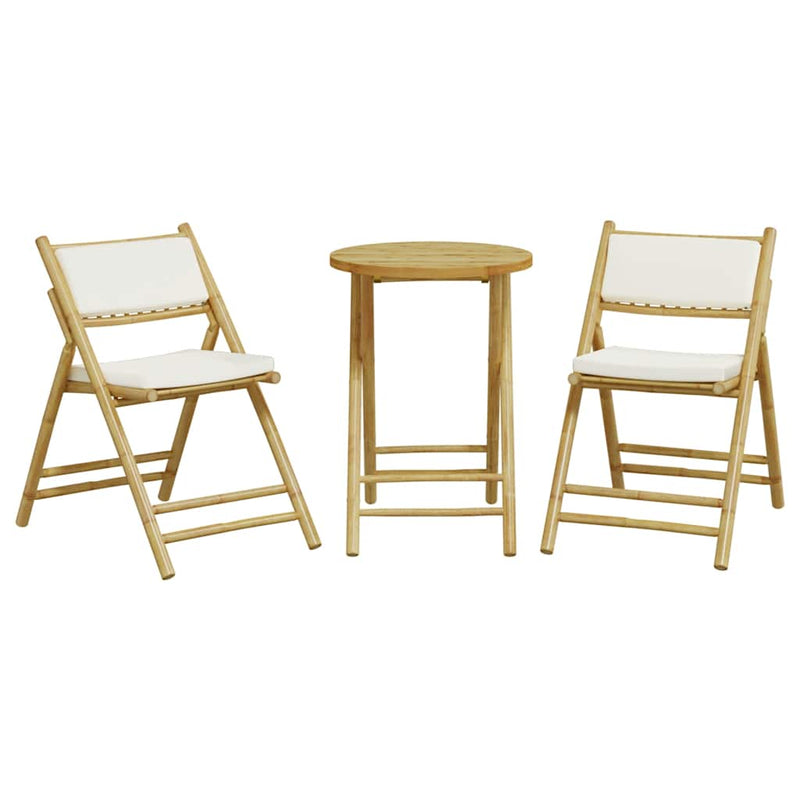 Set de bistro pliabil, 3 piese, cu perne alb crem, bambus