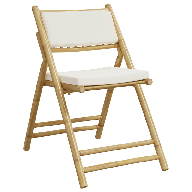 Set de bistro pliabil, 3 piese, cu perne alb crem, bambus