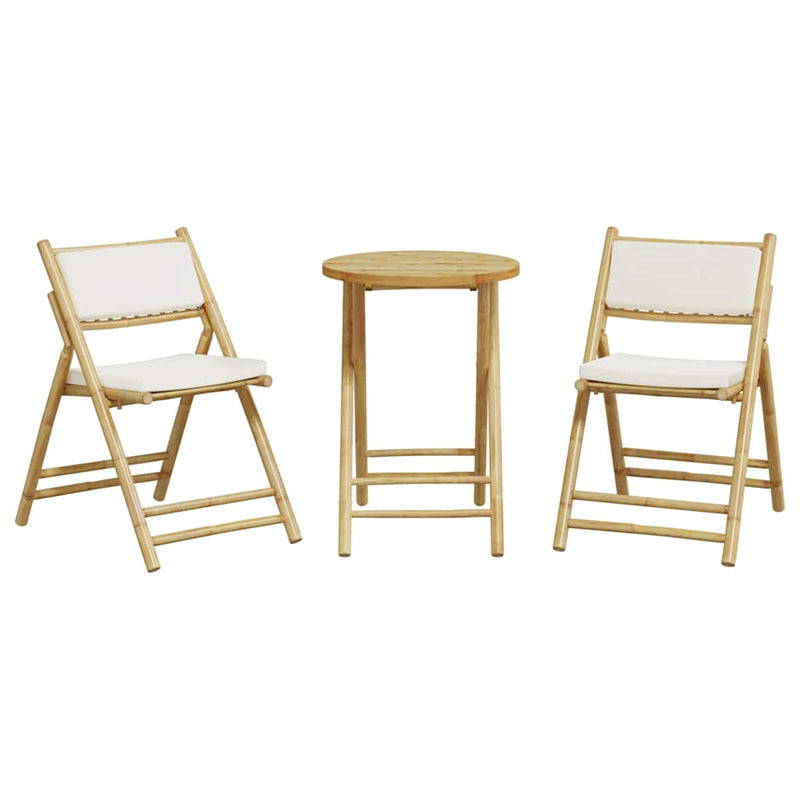 Set de bistro pliabil, 3 piese, cu perne alb crem, bambus
