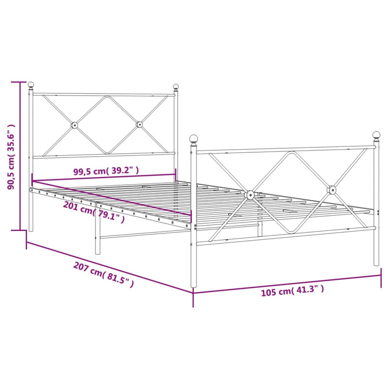 Cadru pat metalic cu tăblii de cap/picioare, negru, 100x200 cm