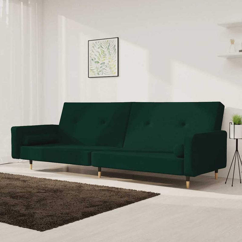 Canapea extensibilă cu 2 locuri, 2 perne, verde închis catifea
