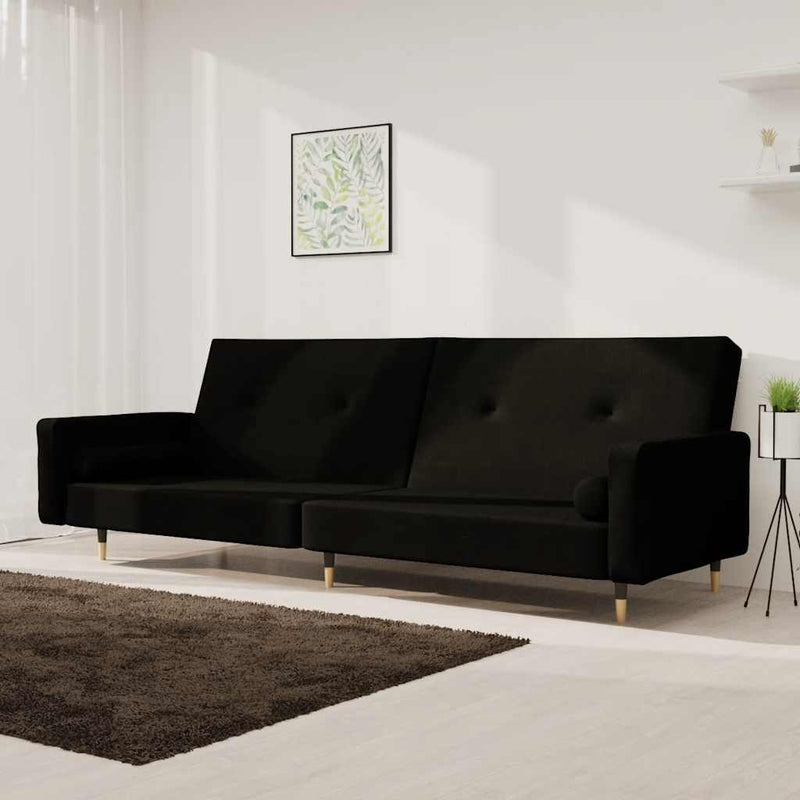 Canapea extensibilă cu 2 locuri, 2 perne, negru, catifea