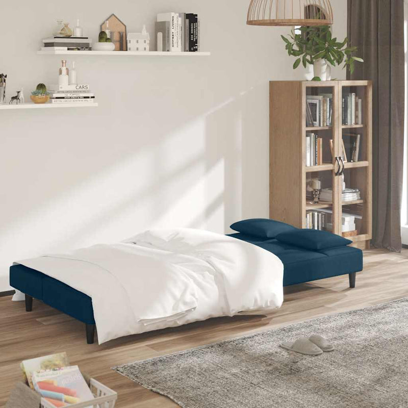 Canapea extensibilă cu 2 locuri, 2 perne, albastru, catifea