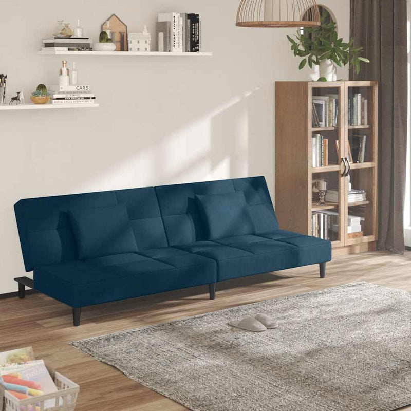 Canapea extensibilă cu 2 locuri, 2 perne, albastru, catifea