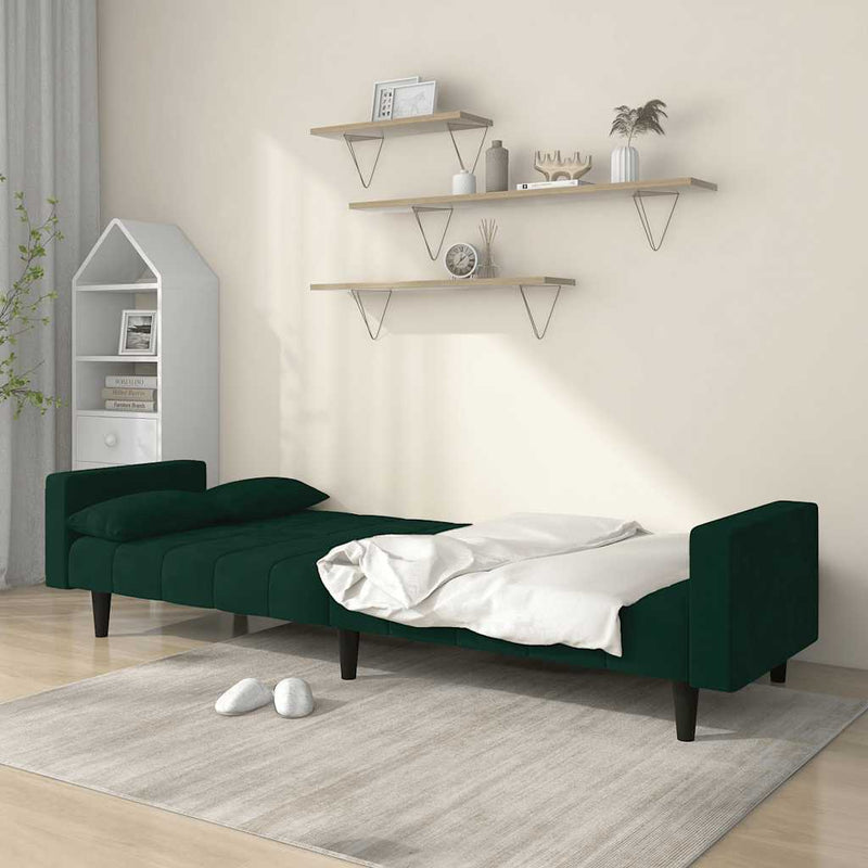 Canapea extensibilă cu 2 locuri, 2 perne, verde închis catifea