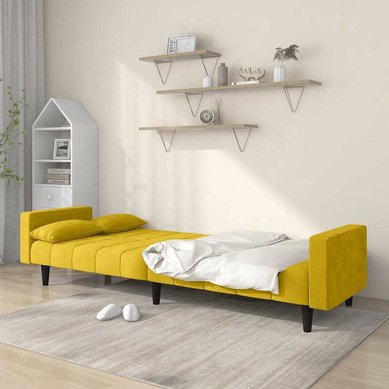 Canapea extensibilă cu 2 locuri, 2 perne, galben, catifea