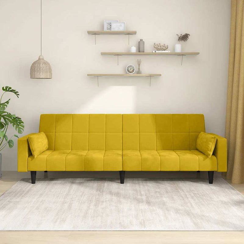 Canapea extensibilă cu 2 locuri, 2 perne, galben, catifea