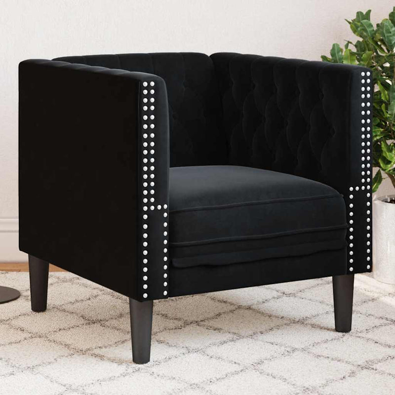 Fotoliu Chesterfield, negru, catifea