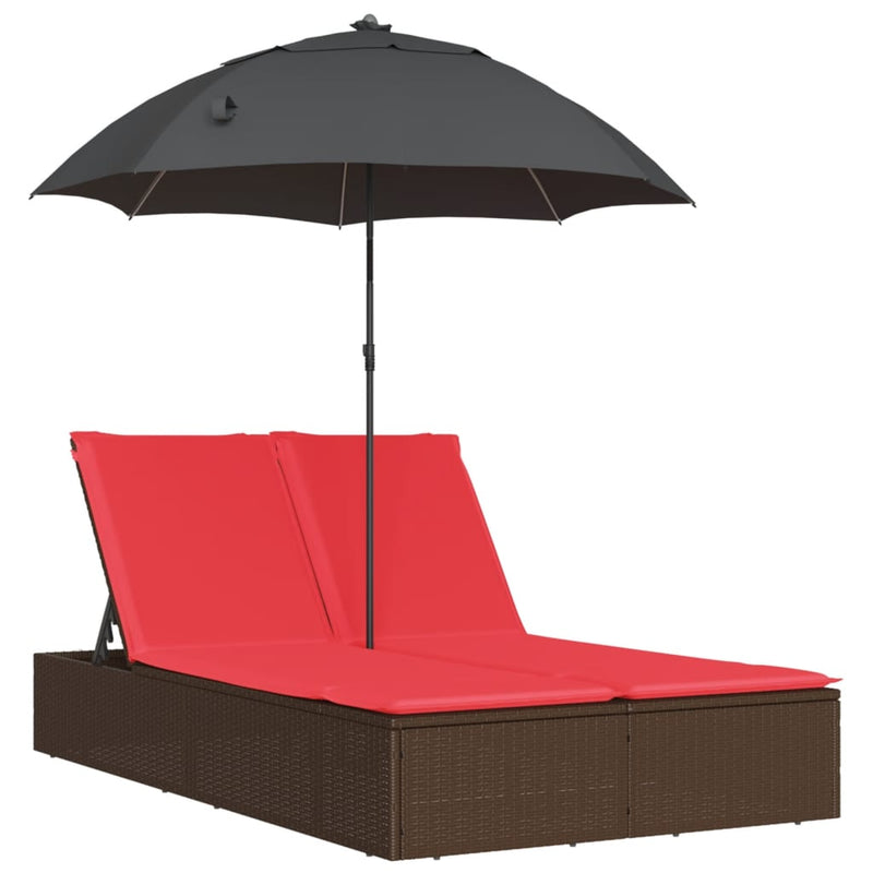 Șezlong dublu cu perne/umbrelă de soare, maro, poliratan
