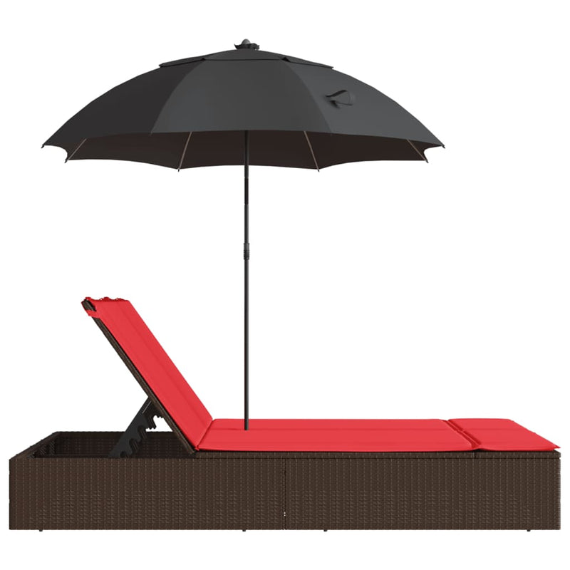 Șezlong dublu cu perne/umbrelă de soare, maro, poliratan