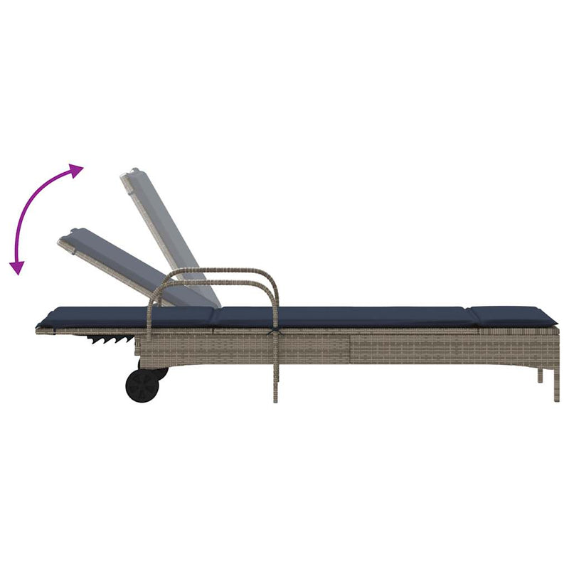 Șezlong cu roți și pernă, gri, din poliratan