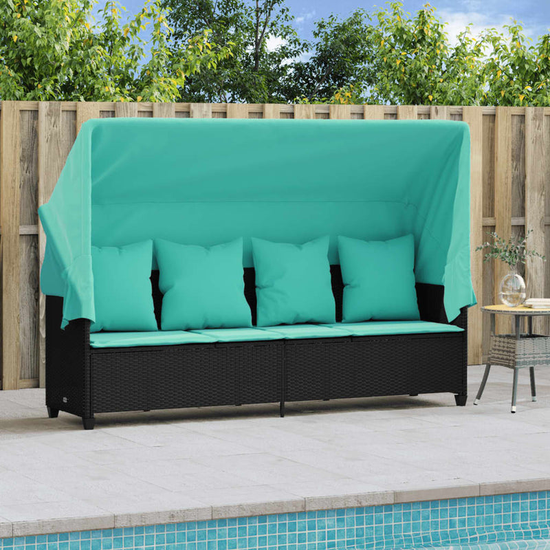 Șezlong cu baldachin și perne, negru, poliratan