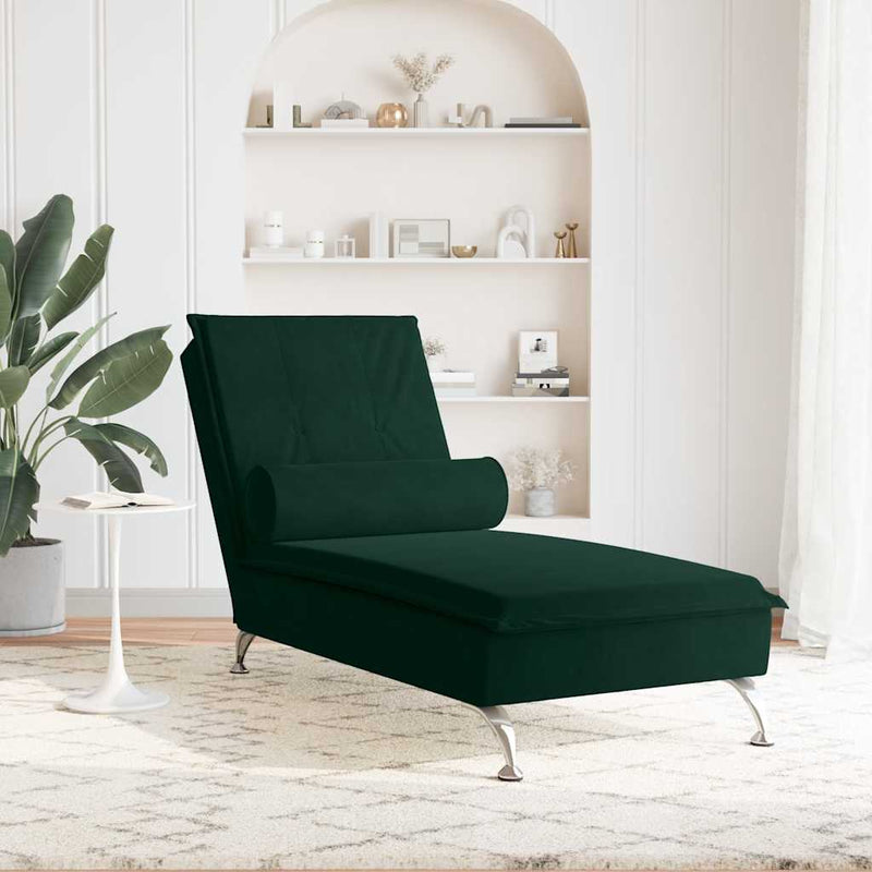 Șezlong de masaj cu sprijin, verde închis, catifea