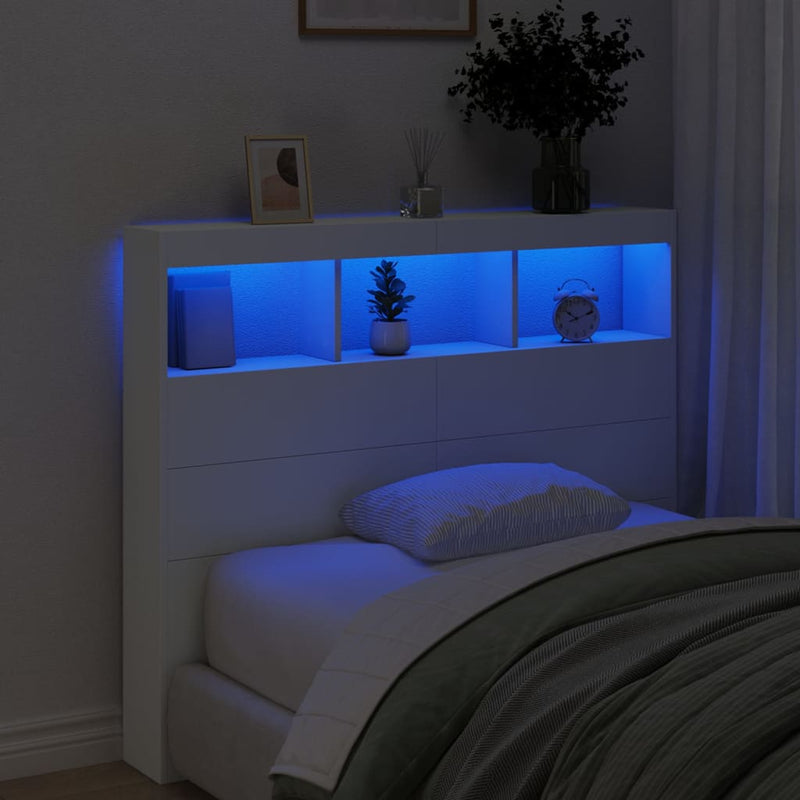 Tăblie cu dulap și LED, alb, 120x17x102 cm