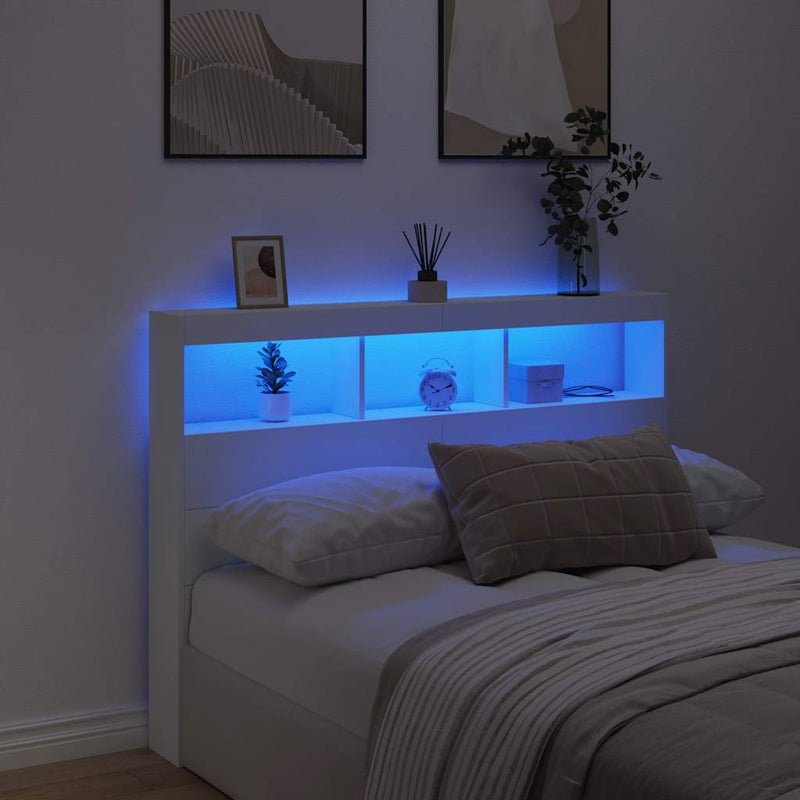 Tăblie cu dulap și LED, alb, 140x17x102 cm