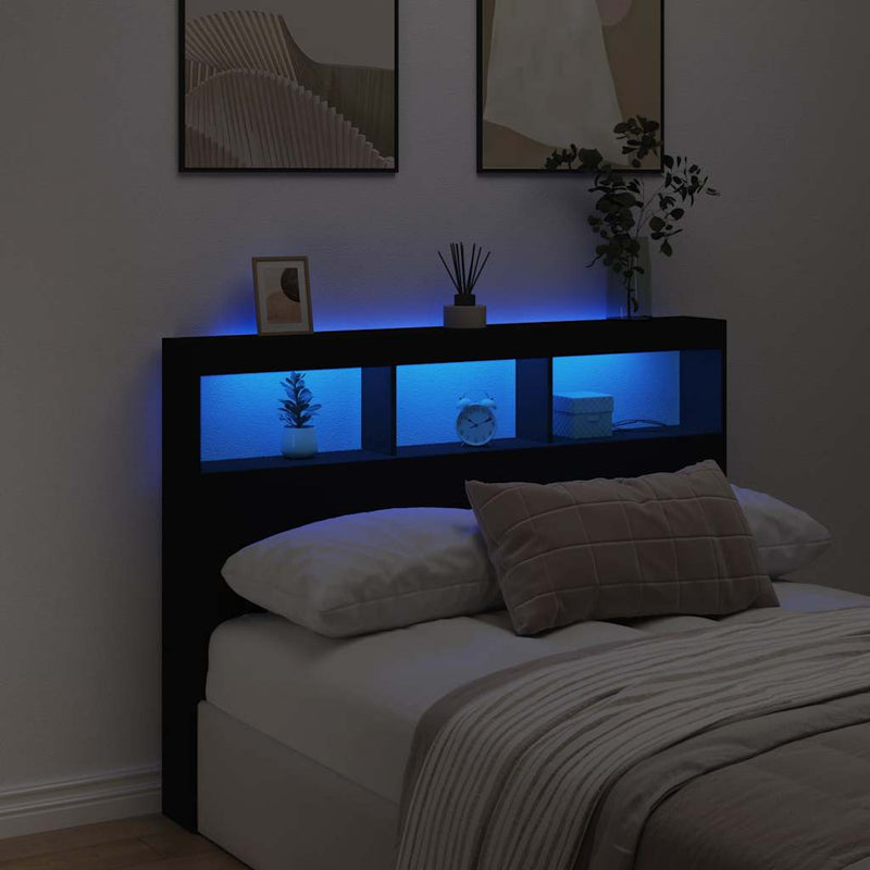 Tăblie cu dulap și LED, negru, 140x17x102 cm