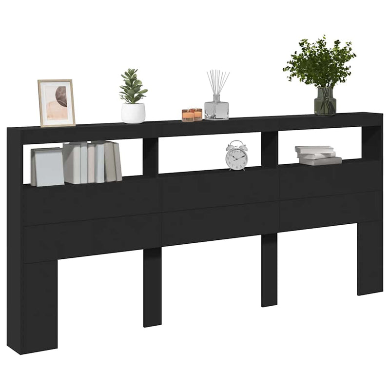 Tăblie cu dulap și LED, negru, 220x17x102 cm