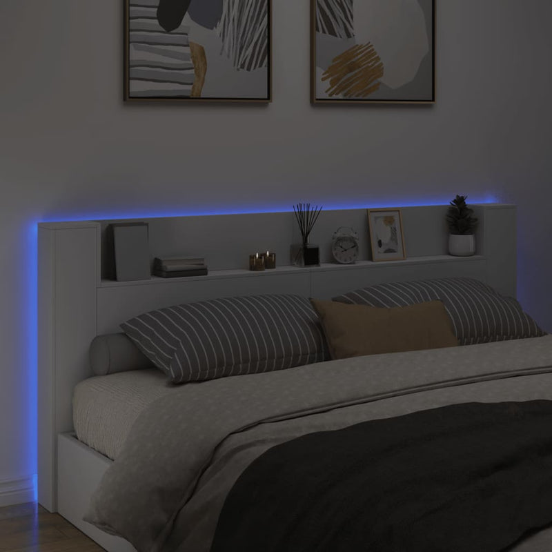 Tăblie cu dulap și LED, alb, 220x16,5x103,5 cm