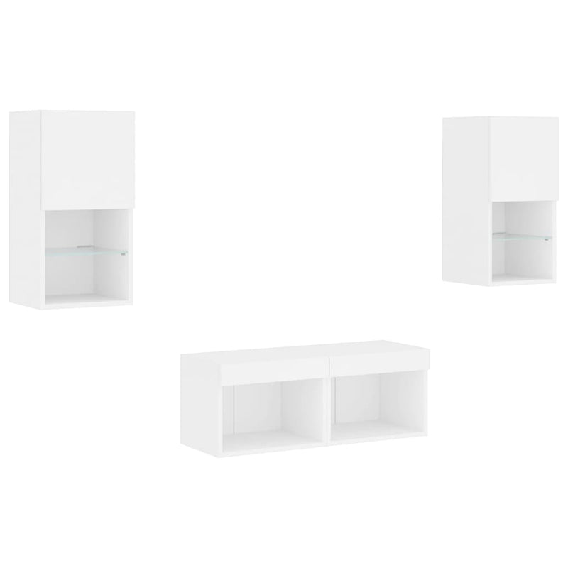 Comode TV de perete cu lumini LED, 4 piese, alb