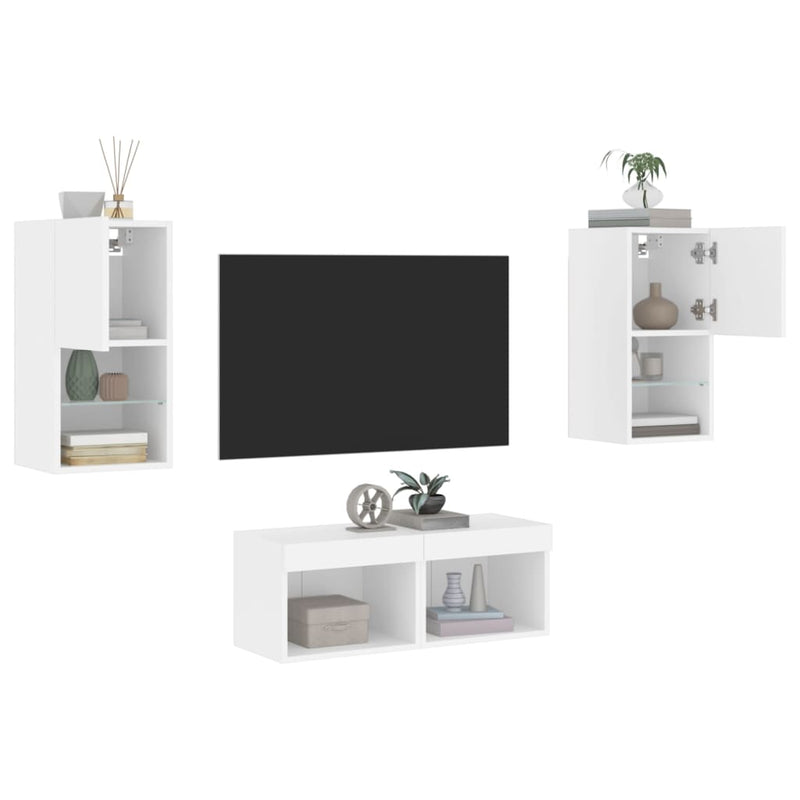 Comode TV de perete cu lumini LED, 4 piese, alb