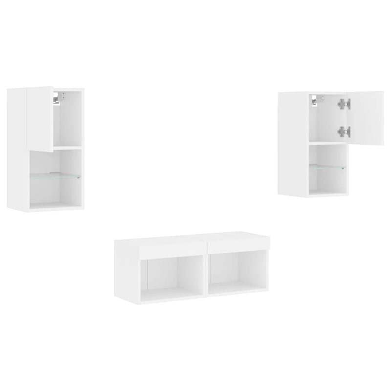 Comode TV de perete cu lumini LED, 4 piese, alb