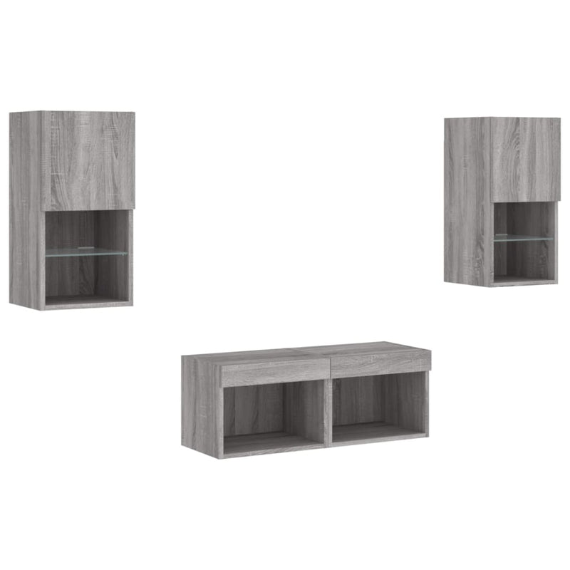 Comode TV de perete cu lumini LED, 4 piese, gri sonoma