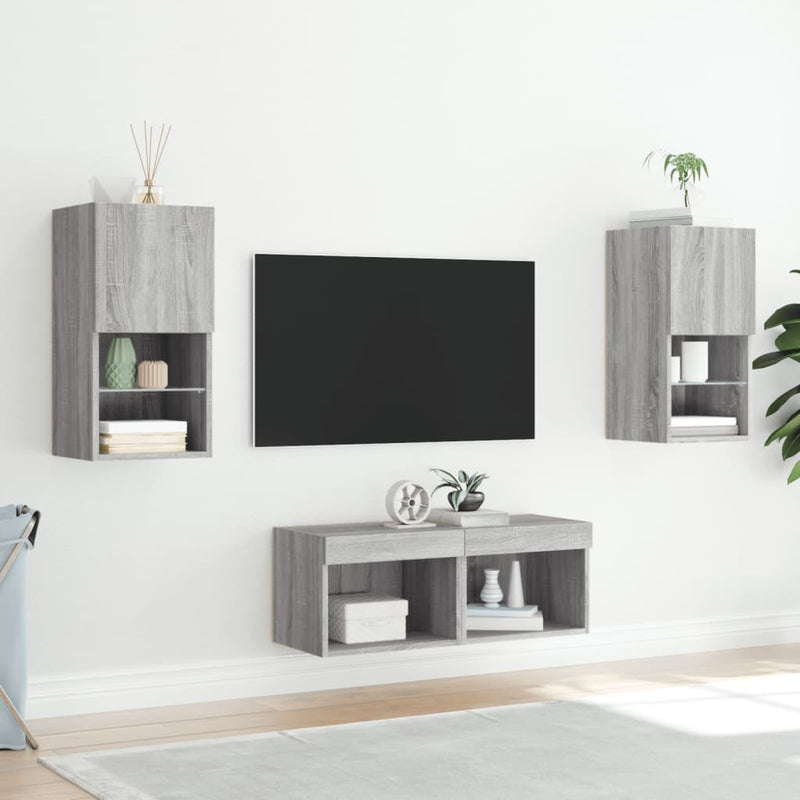 Comode TV de perete cu lumini LED, 4 piese, gri sonoma