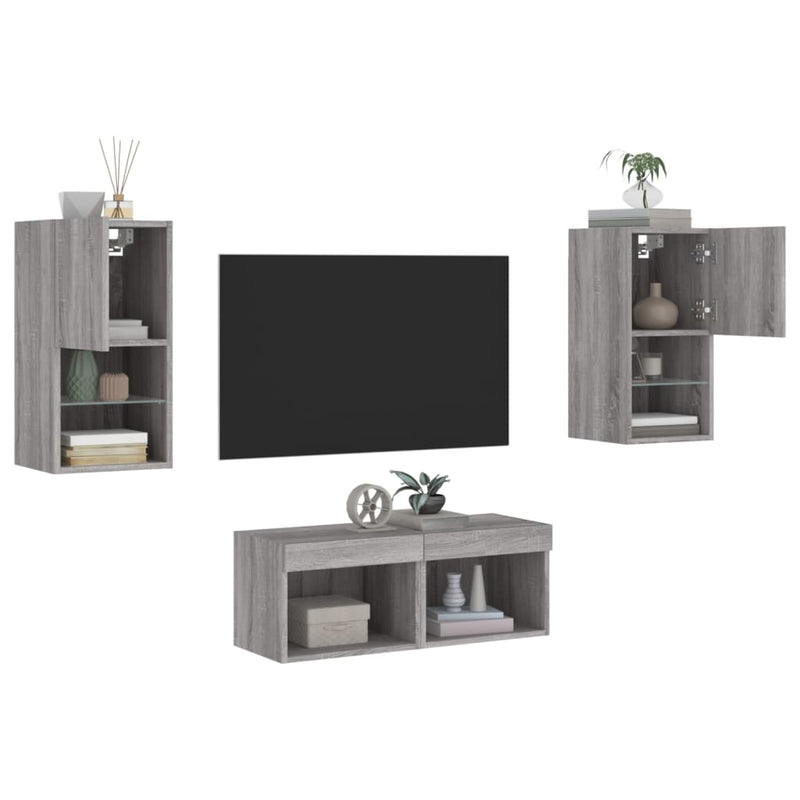 Comode TV de perete cu lumini LED, 4 piese, gri sonoma