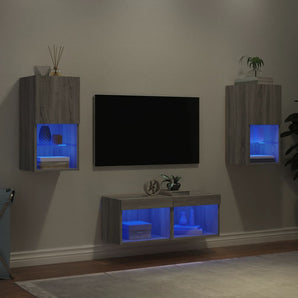 Comode TV de perete cu lumini LED, 4 piese, gri sonoma