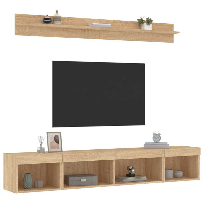 Unități de perete TV cu LED-uri, 5 piese, stejar sonoma, lemn