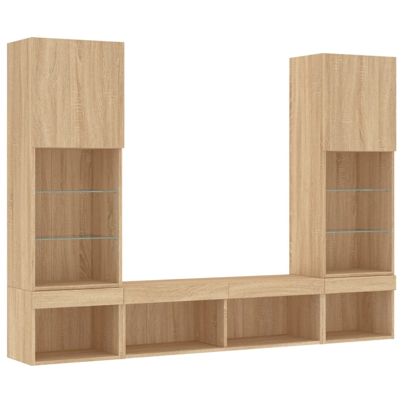 Unități de perete TV cu LED-uri, 5 piese, stejar sonoma, lemn