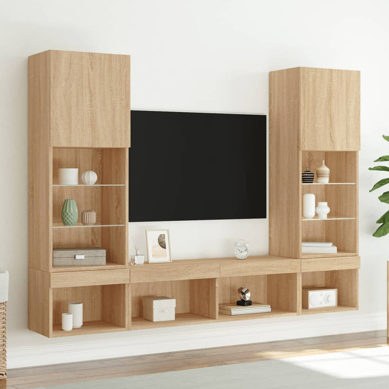 Unități de perete TV cu LED-uri, 5 piese, stejar sonoma, lemn