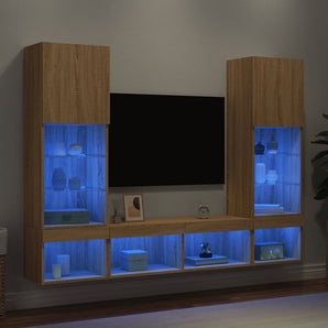 Unități de perete TV cu LED-uri, 5 piese, stejar sonoma, lemn