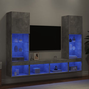 Unități TV de perete cu LED-uri 5 piese gri beton lemn compozit