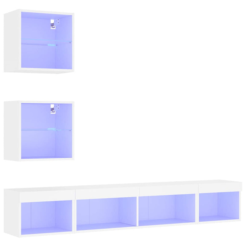 Unități de perete TV cu LED-uri, 5 piese, alb, lemn prelucrat