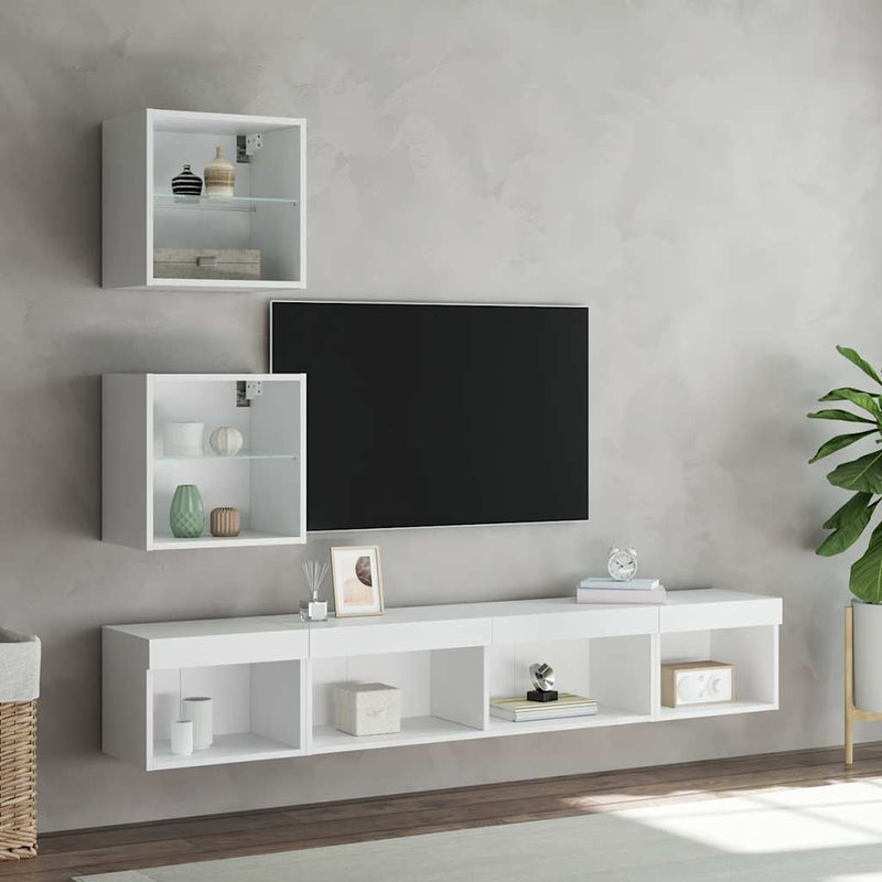 Unități de perete TV cu LED-uri, 5 piese, alb, lemn prelucrat