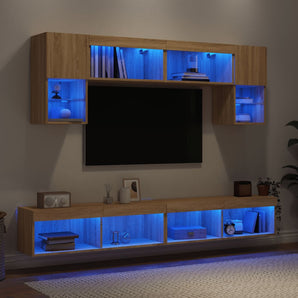 Unități de perete TV cu LED-uri, 6 piese, stejar sonoma, lemn