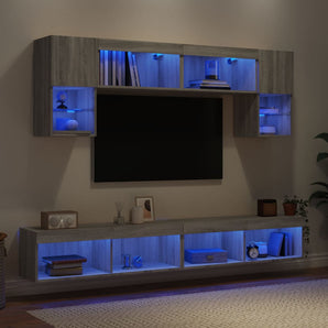 Unități de perete TV cu LED-uri, 6 piese, gri sonoma, lemn