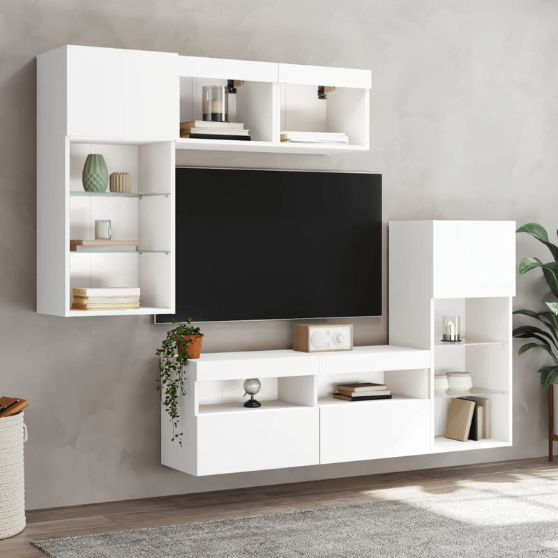 Unități de perete TV cu LED-uri, 5 piese, alb, lemn prelucrat