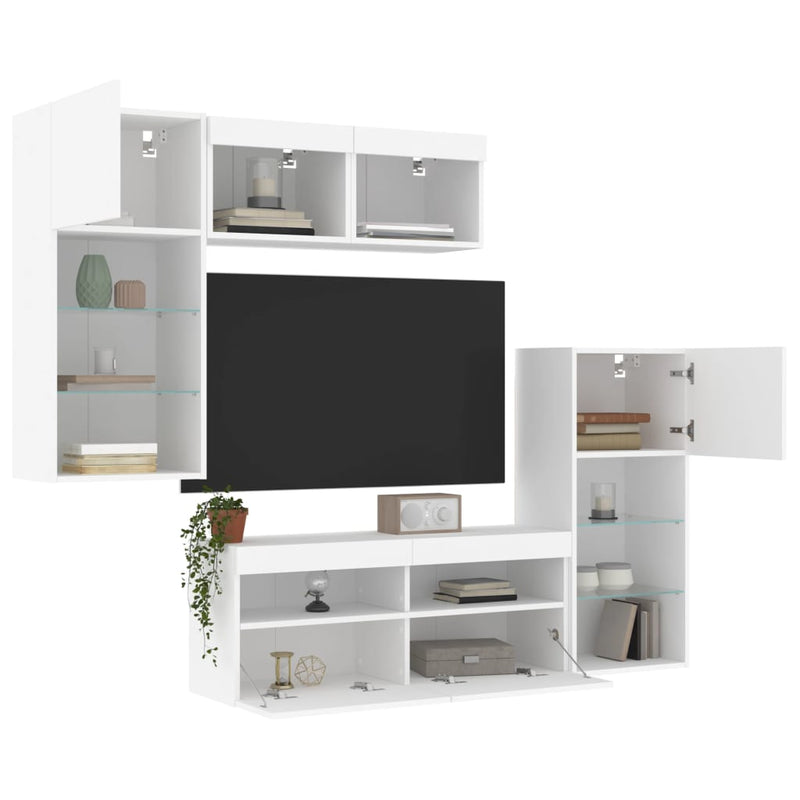 Unități de perete TV cu LED-uri, 5 piese, alb, lemn prelucrat